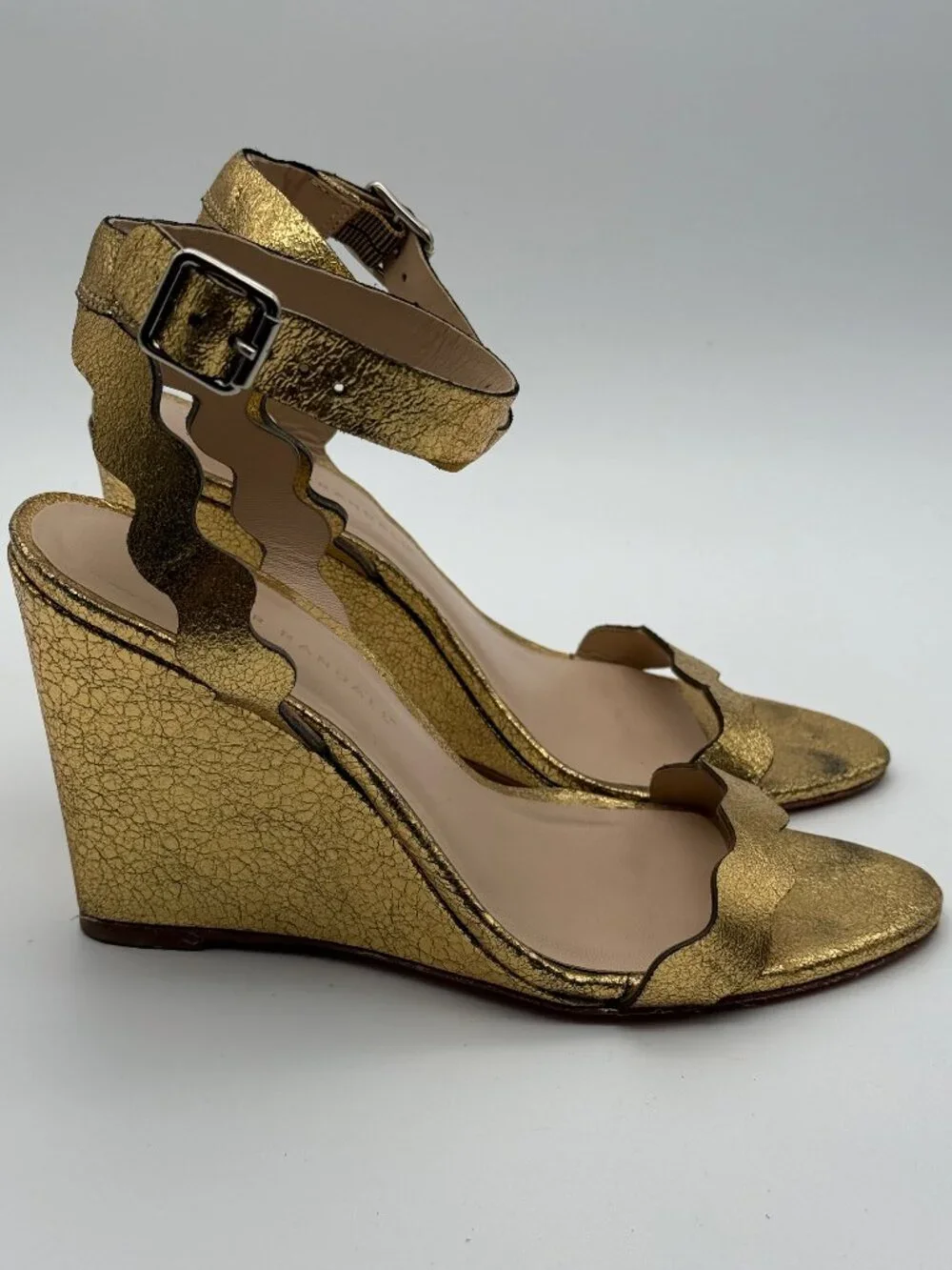 Loeffler Randall Piper Gold Metallic Scalloped Leather Wedge Sandals Size 8